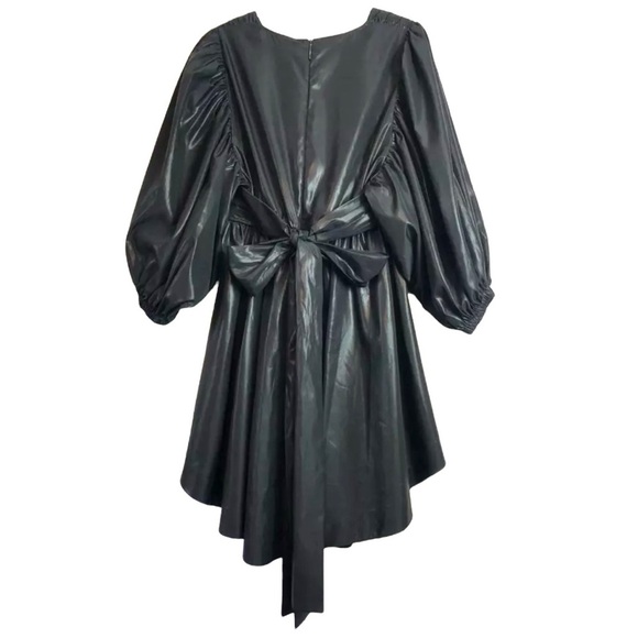 MSGM Satin High Shine Faux Wrap Asymmetrical  Puff Sleeve Bow Tie Mini Dress NEW - Picture 13 of 16